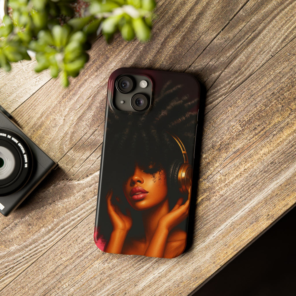 Artistic Afro-Headphone Slim Phone Cases | Stylish Accessories for Music Lovers, Gifts for Her, Unique Phone Cover, Afrocentric Design