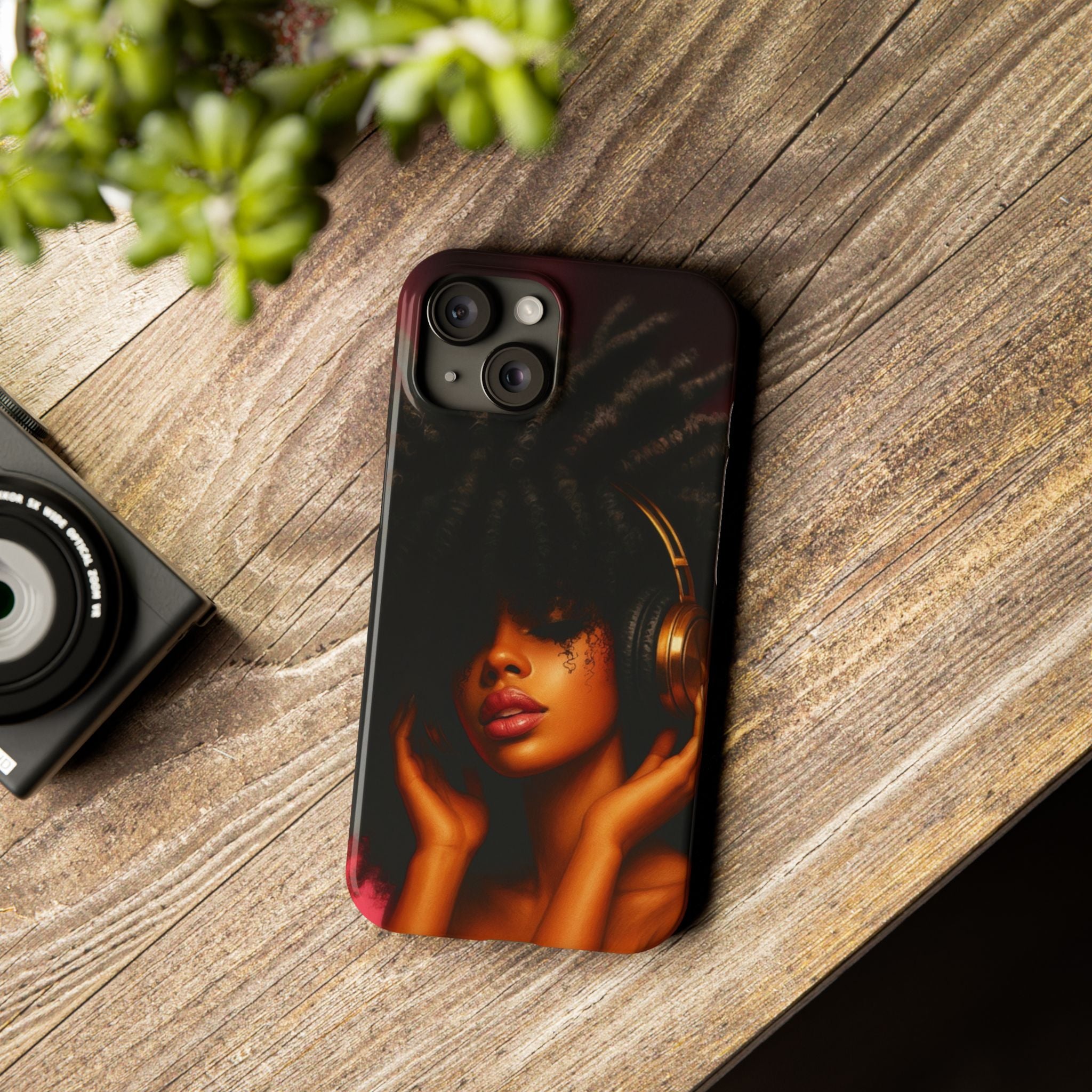 Artistic Afro-Headphone Slim Phone Cases | Stylish Accessories for Music Lovers, Gifts for Her, Unique Phone Cover, Afrocentric Design