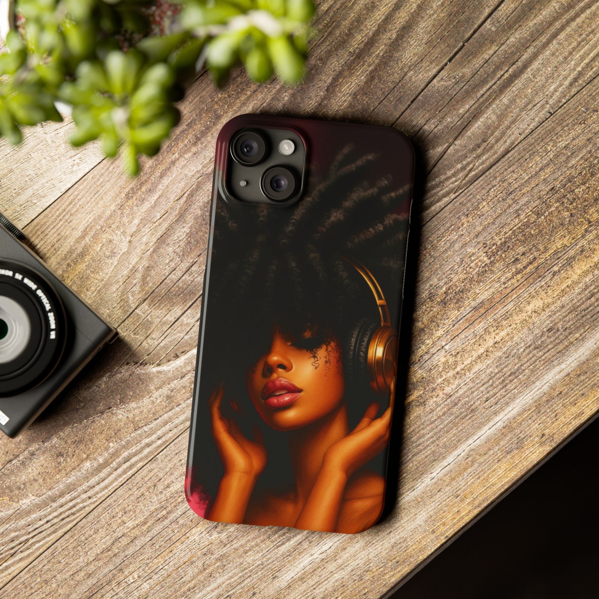 Artistic Afro-Headphone Slim Phone Cases | Stylish Accessories for Music Lovers, Gifts for Her, Unique Phone Cover, Afrocentric Design